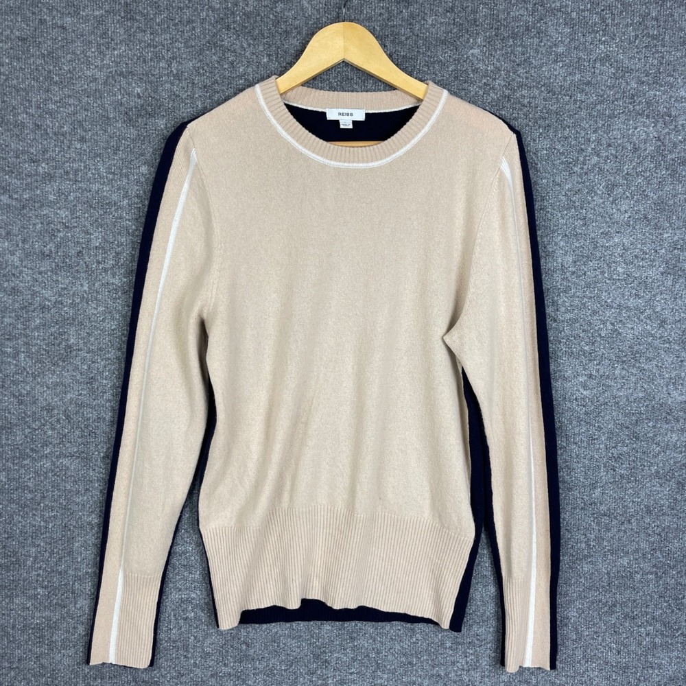 REISS Sweater Womens L Tan Navy Wool Cashmere Blend Crew Neck Stripe